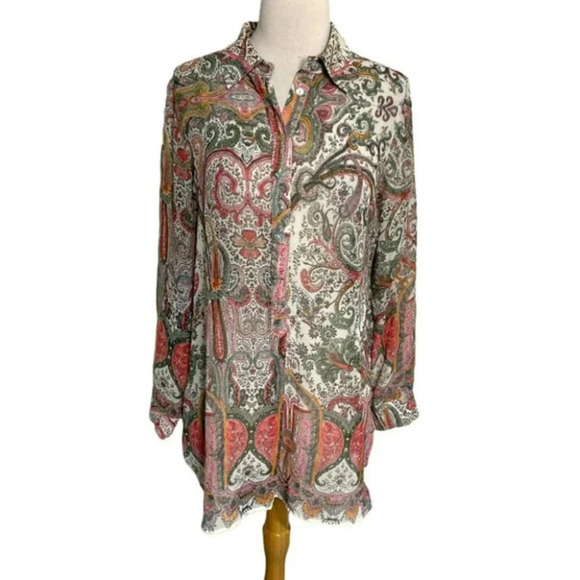 Chico’s 0/4 neutral color paisley sheer button down blouse‎ - Picture 1 of 7